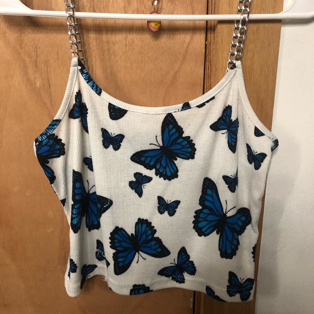 Blue and white butterfly chain cropped tanktop